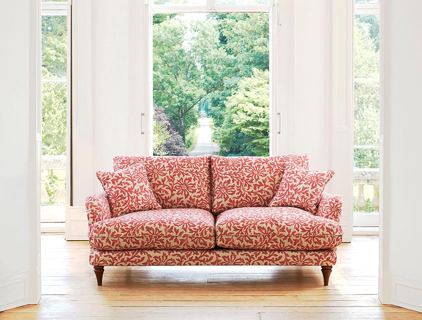 2 Pugin 2 Seater Sofa in V&A Brompton Collection Floral Scroll Chilli